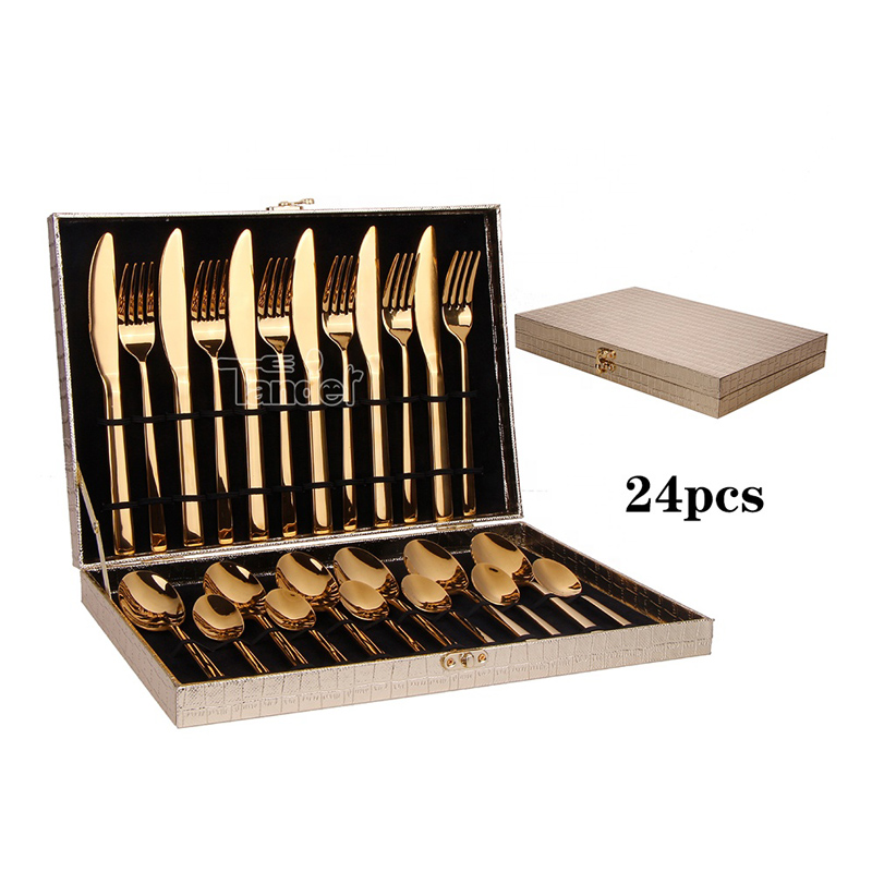 Knivske Gaffelsæt Guld Bestik Brilliant Custom Metal Rustfrit stål Hotel 24stk Bestik sæt med etui