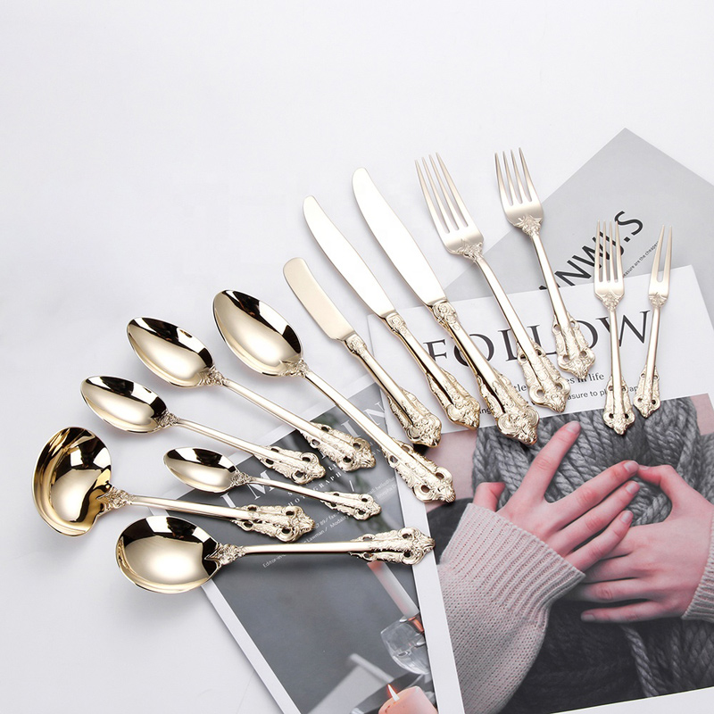 Fuld indstilling 304 Spejl Polsk Champagne Rustfrit stål Royal Gold Bestik sæt til bryllup